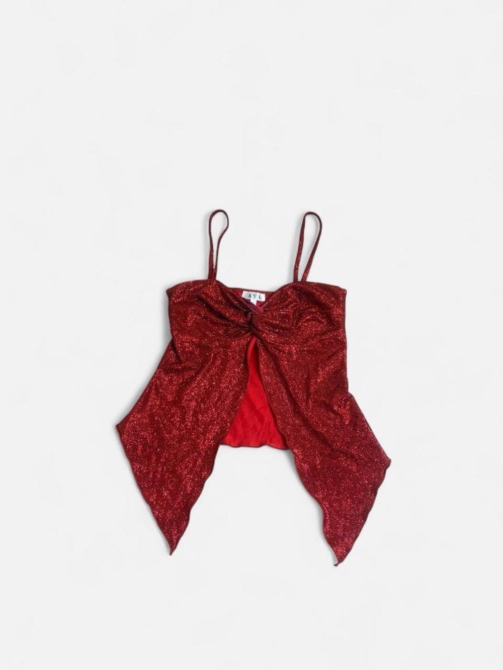 Red Glitter Twist-Front Spaghetti Strap Top